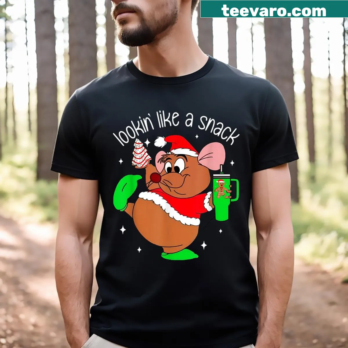Funny Christmas T-shirt with mouse character saying 'Looking Like A Snack' — on a men's t-shirt