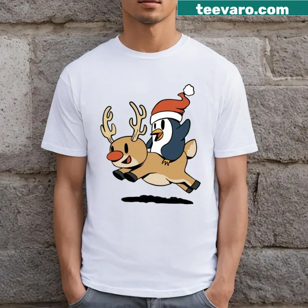 Cute penguin in reindeer antlers on a Christmas T-shirt