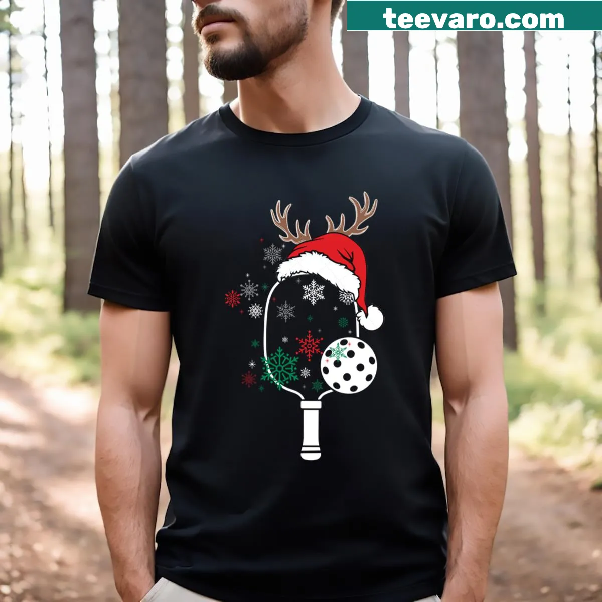 Holiday-themed pickleball reindeer graphic t-shirt — on a men's t-shirt