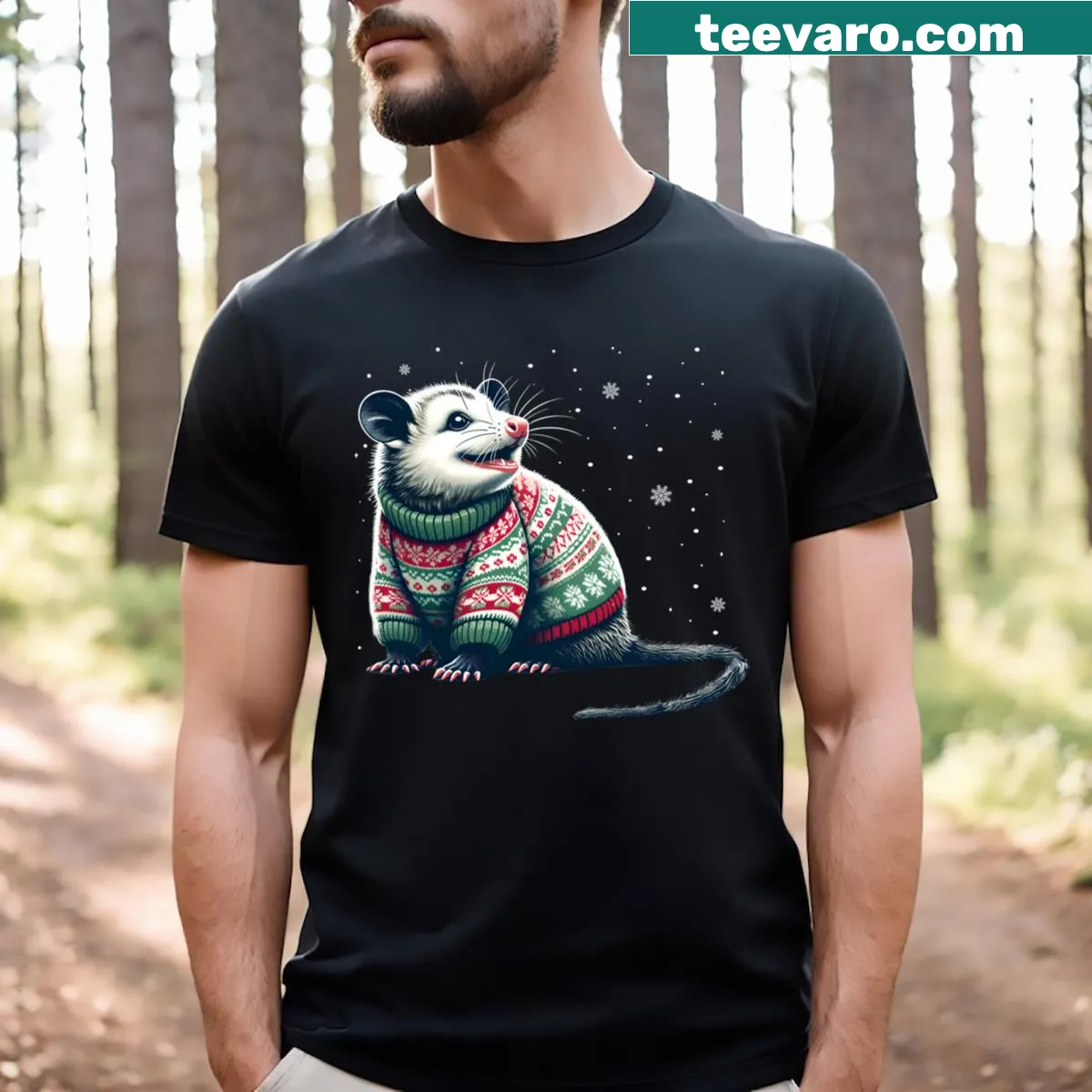 Cute Ugly Christmas T-shirt featuring cartoon opposums for possum lovers. — on a men's t-shirt
