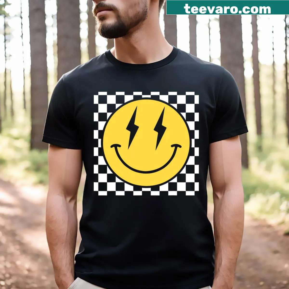 Playful vintage t-shirt with smiley face and checkered pattern — on a men's t-shirt