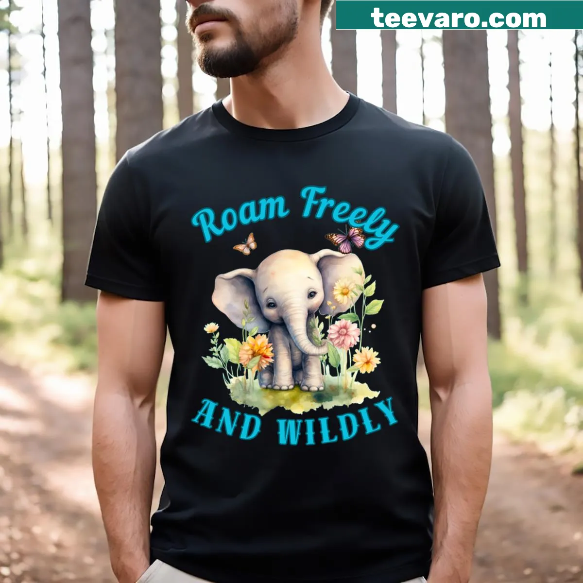 Cartoon design of an elephant with 'Roam Freely And Wildly' text — on a men's t-shirt
