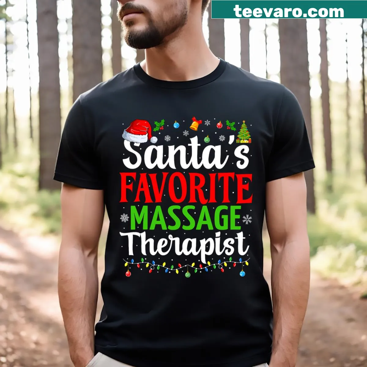 Santa's Favorite Massage Therapist Christmas-themed T-shirt — on a men's t-shirt