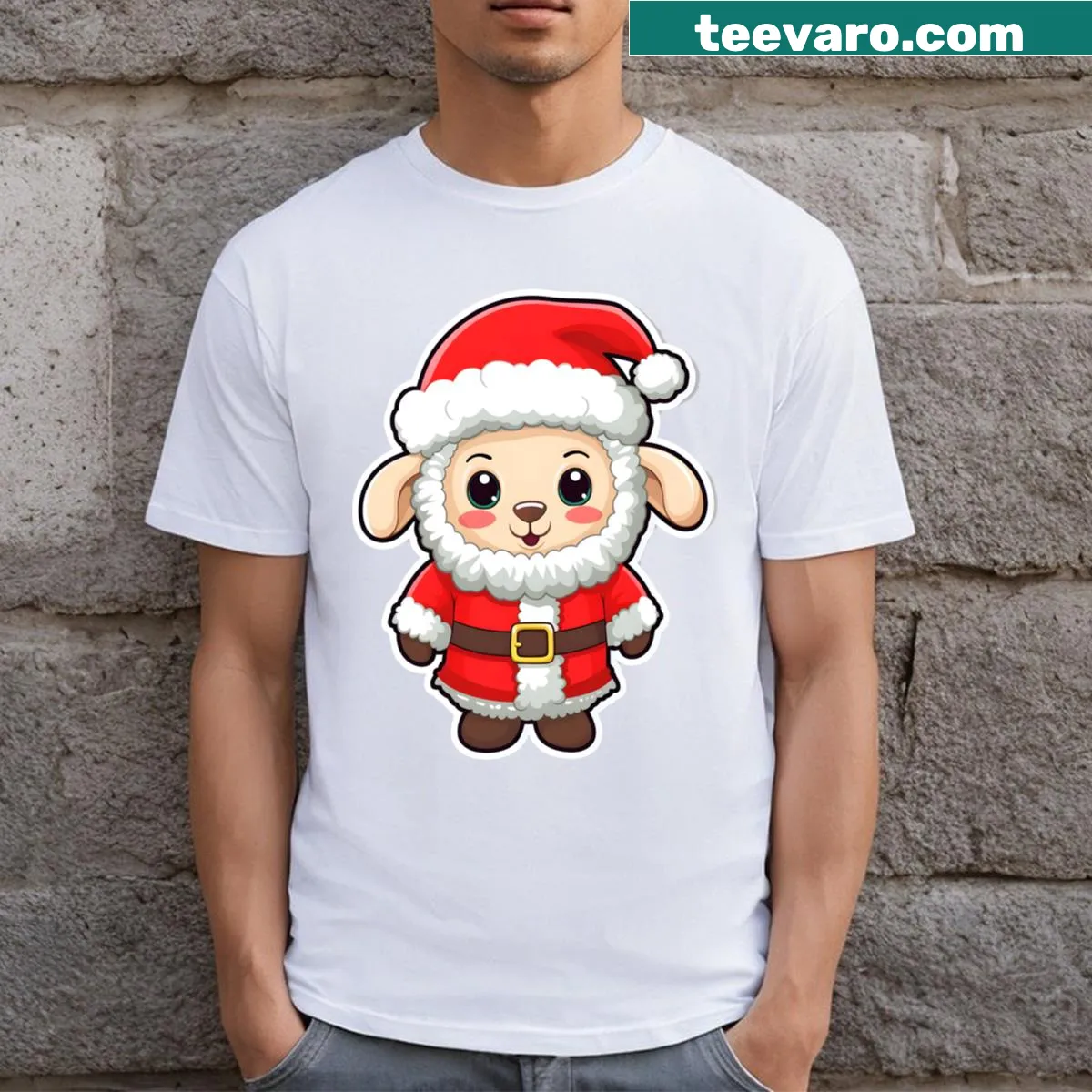 Cute Christmas t-shirt featuring cartoon sheep — on a men's t-shirt