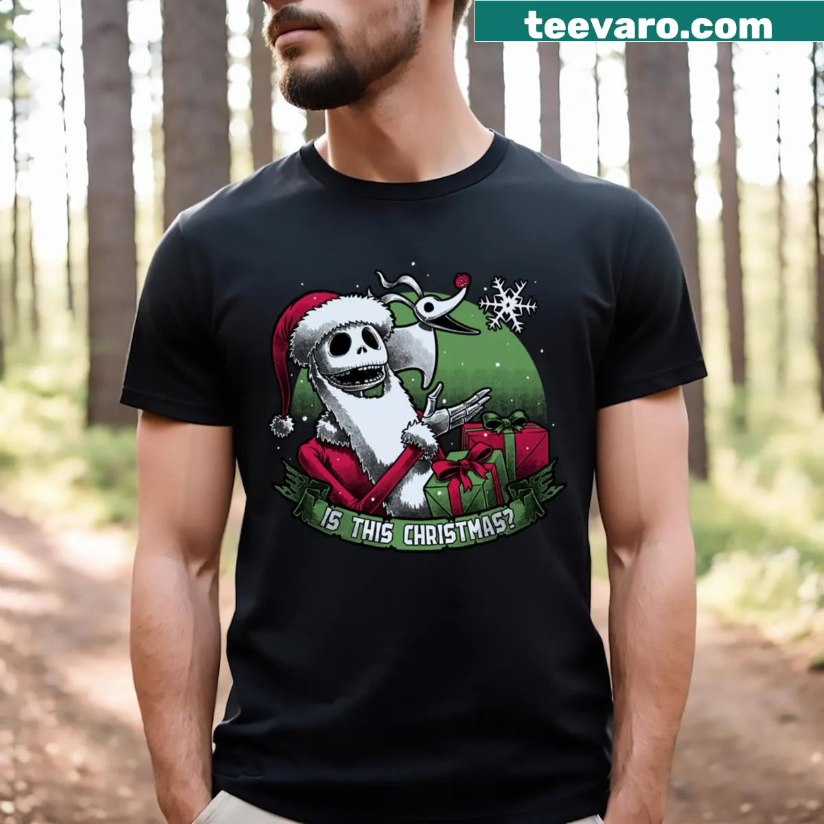 Playful skeleton design on a Christmas and Halloween themed t-shirt — on a men's t-shirt