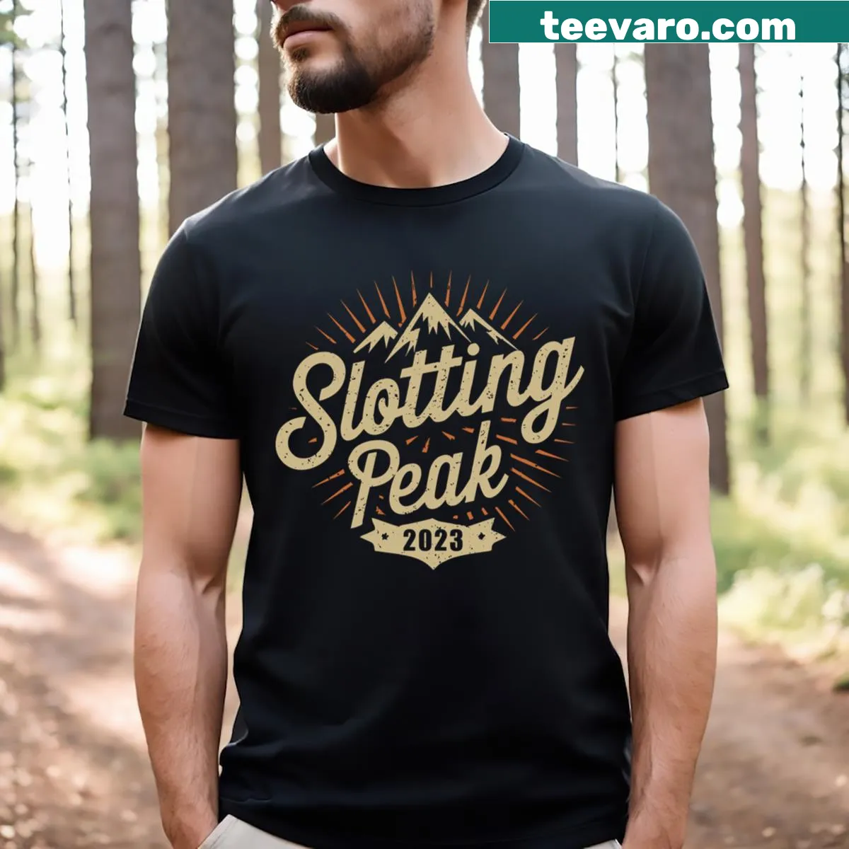 Text design reading 'Slotting Team Peak 2023' — on a men's t-shirt