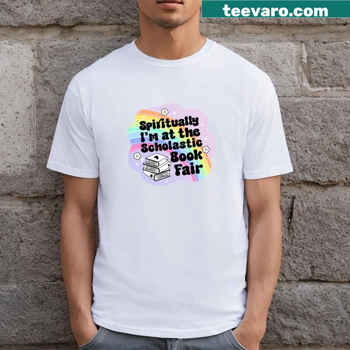 Whimsical t-shirt with text about the Scholastic Book Fair — on a men's t-shirt