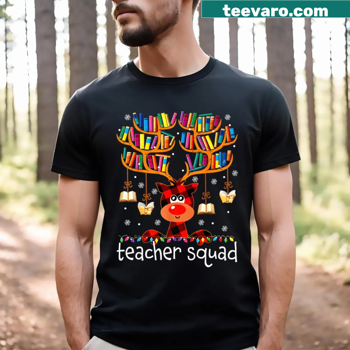 Funny Christmas T-shirt with Teacher Squad and reindeer graphics — on a men's t-shirt