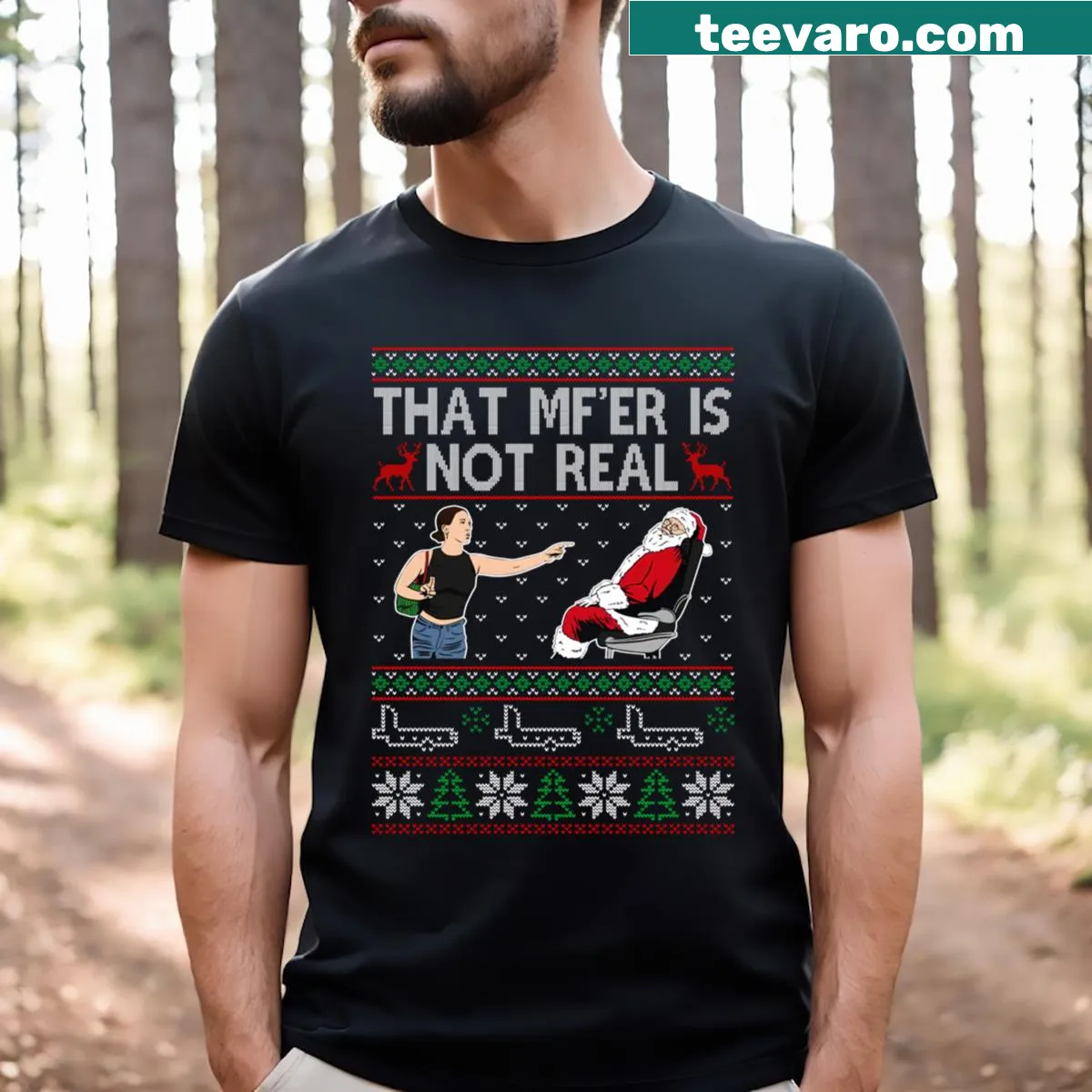 Edgy Santa on a plane graphic for ugly Christmas t-shirt — on a men's t-shirt