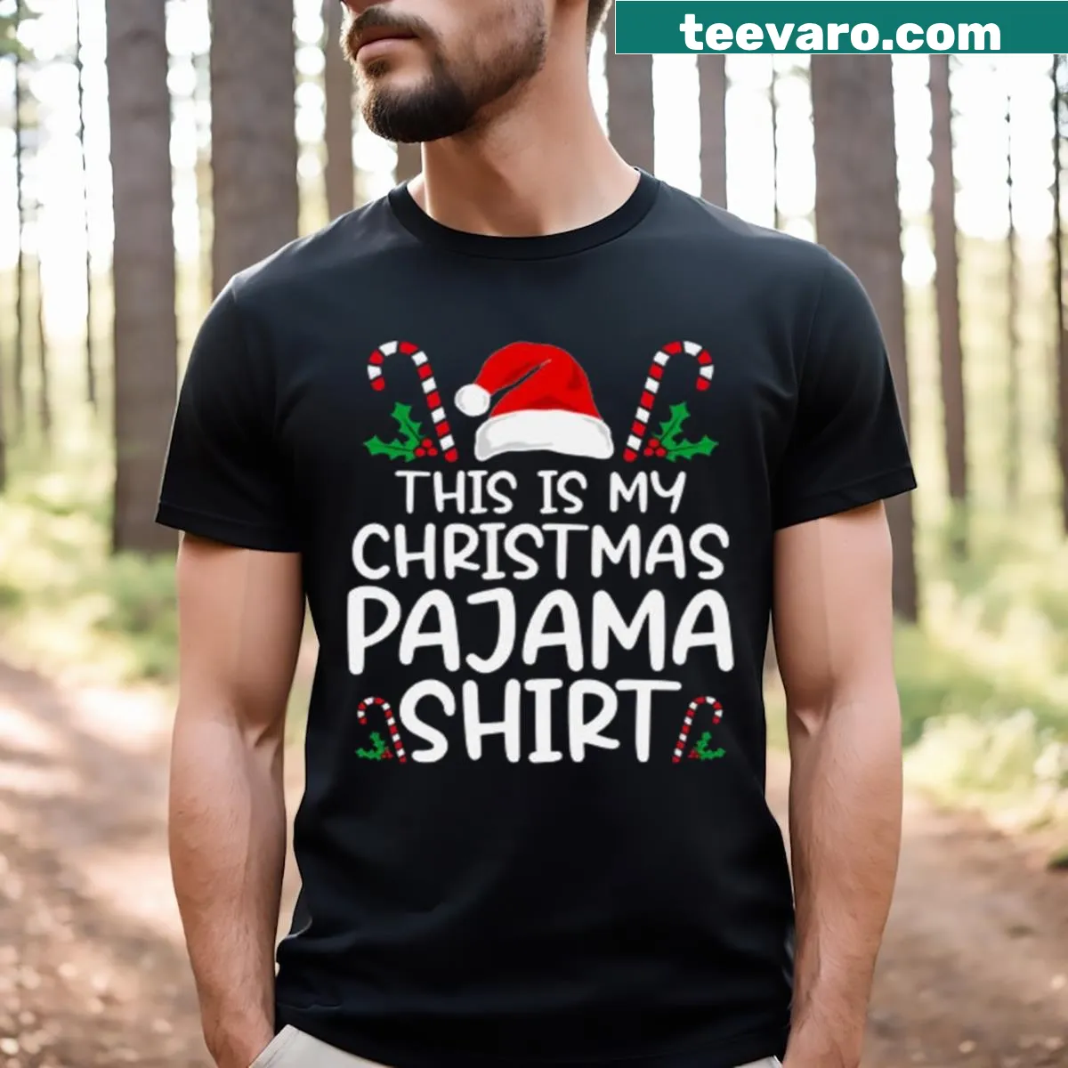 Funny Christmas pajama t-shirt with playful text — on a men's t-shirt