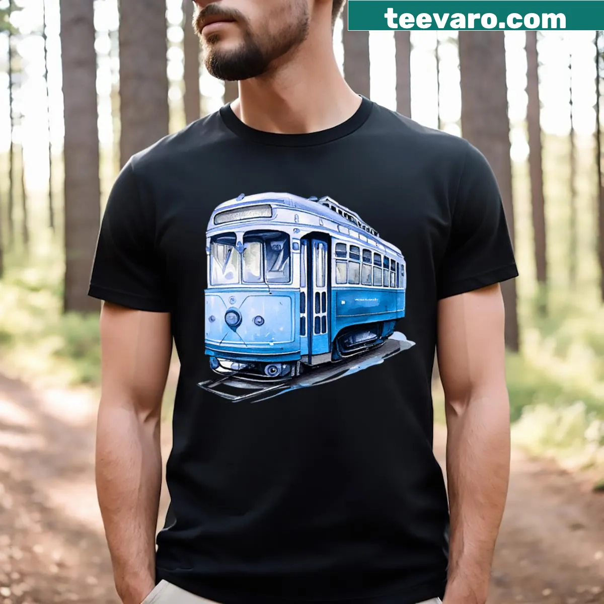 Watercolor graphic t-shirt featuring a traditional tram — on a men's t-shirt