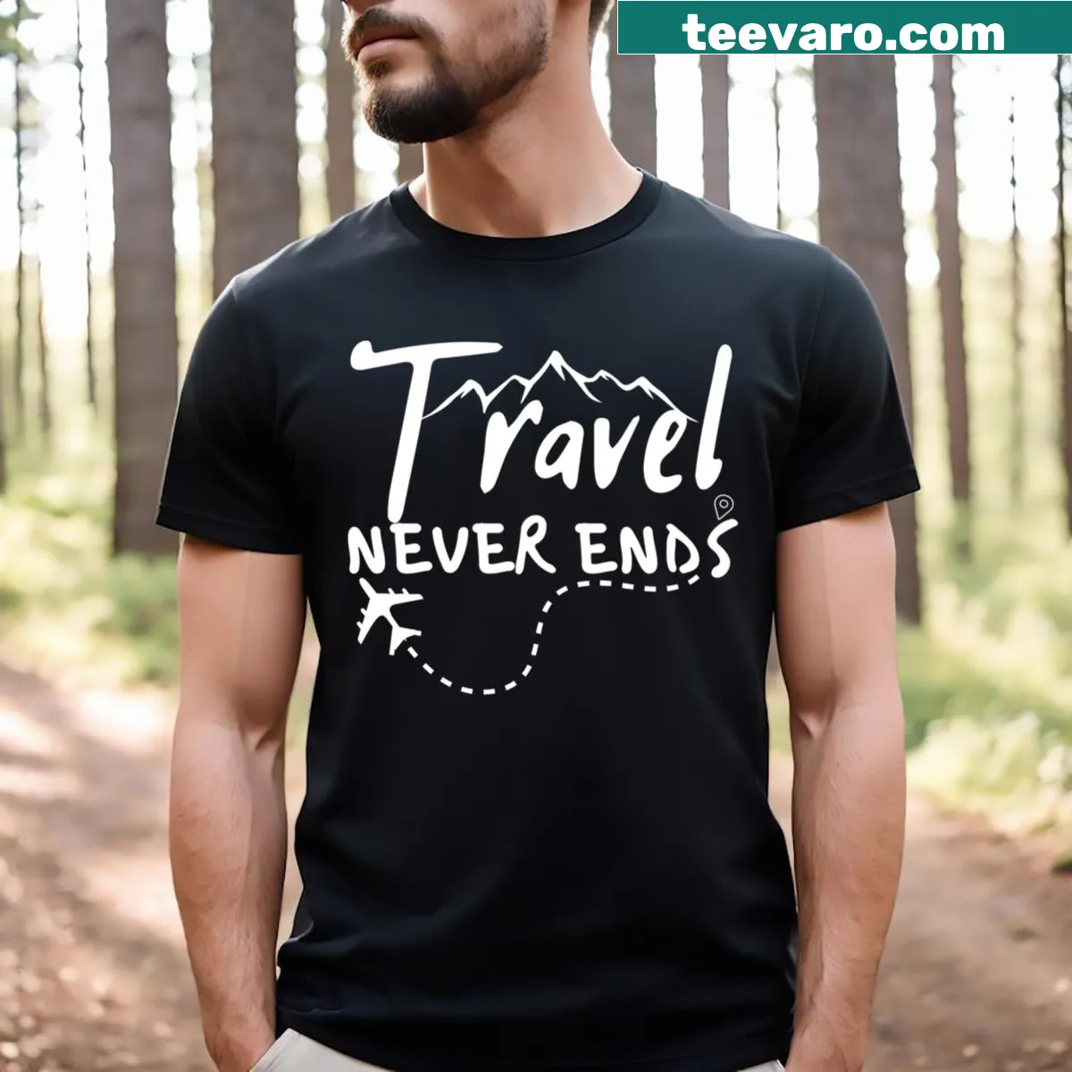 Funny travel quote T-shirt stating 'Travel Never Ends' for men and kids — on a men's t-shirt