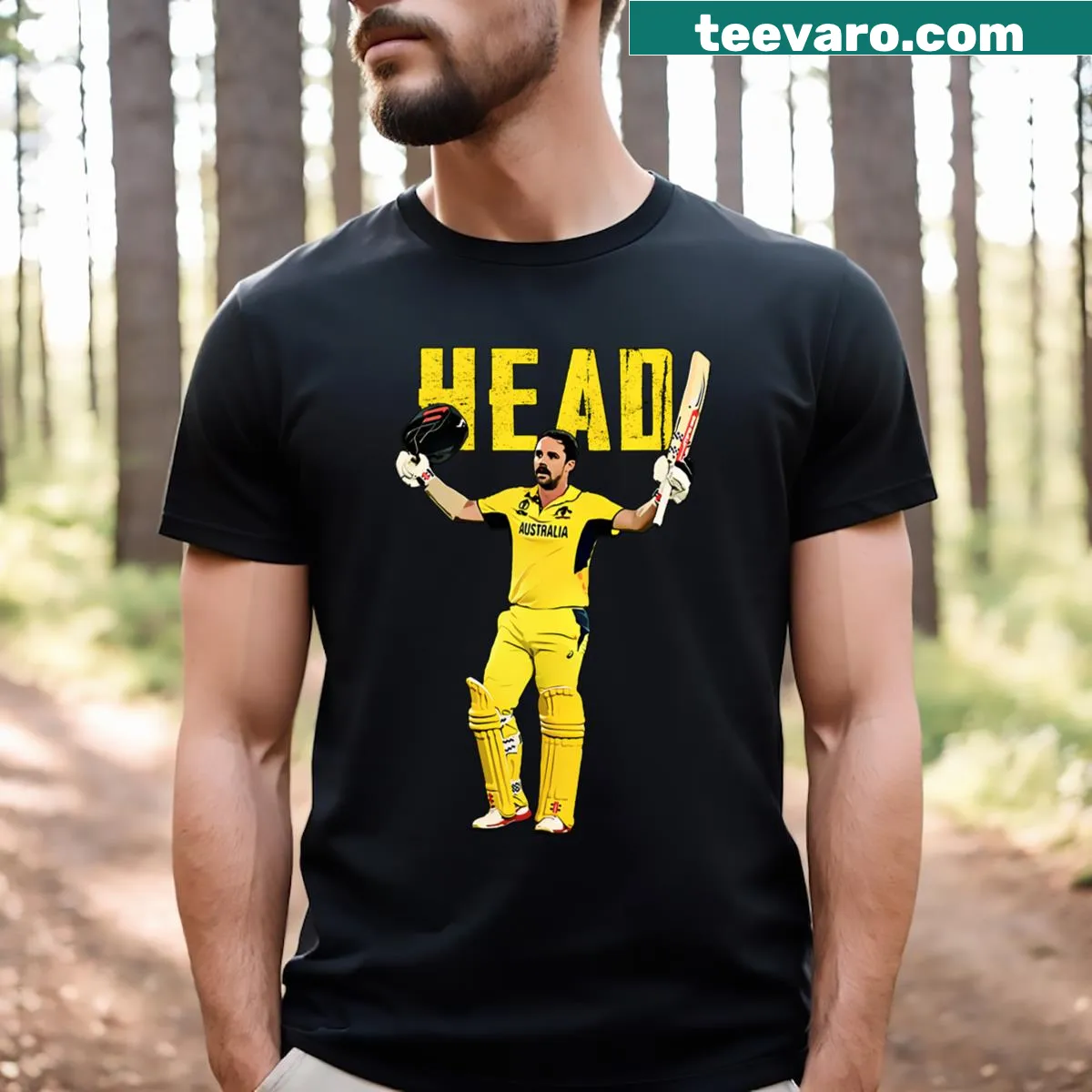 Illustration of batsman Travis Head on cricket T-shirt — on a men's t-shirt
