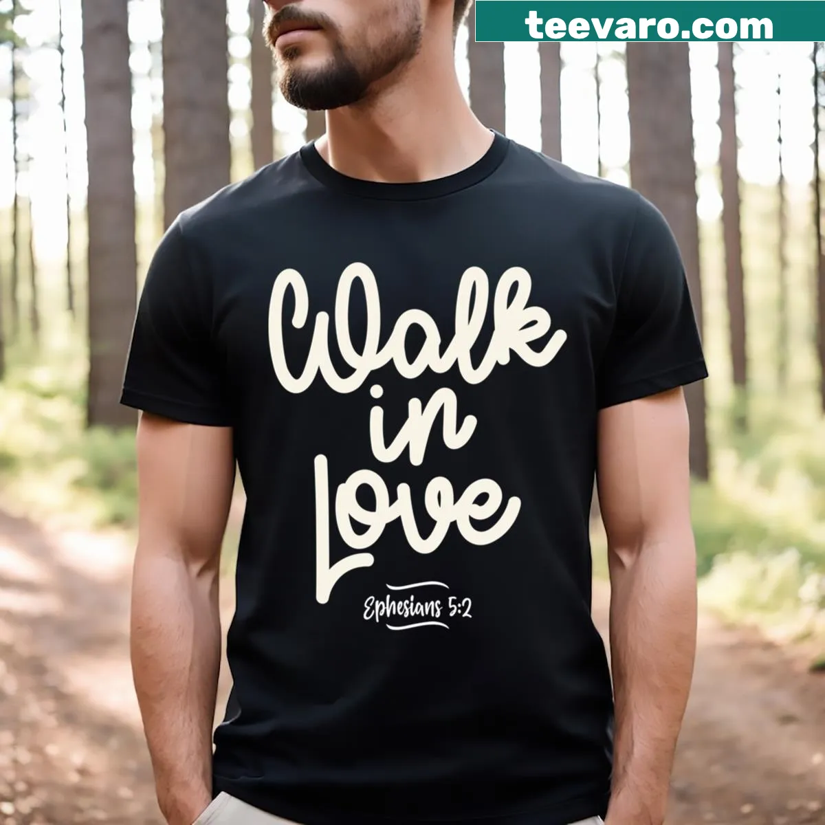 Inspirational t-shirt featuring the quote 'Walk In Love' from Ephesians 5:2. — on a men's t-shirt