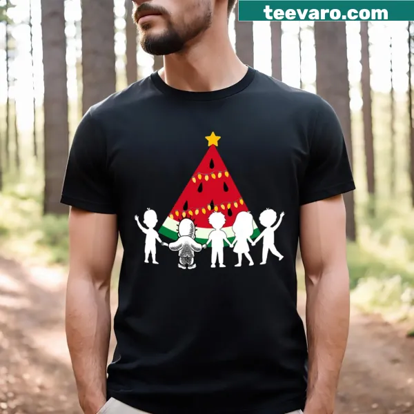 Illustrated watermelon Christmas tree on a festive T-shirt