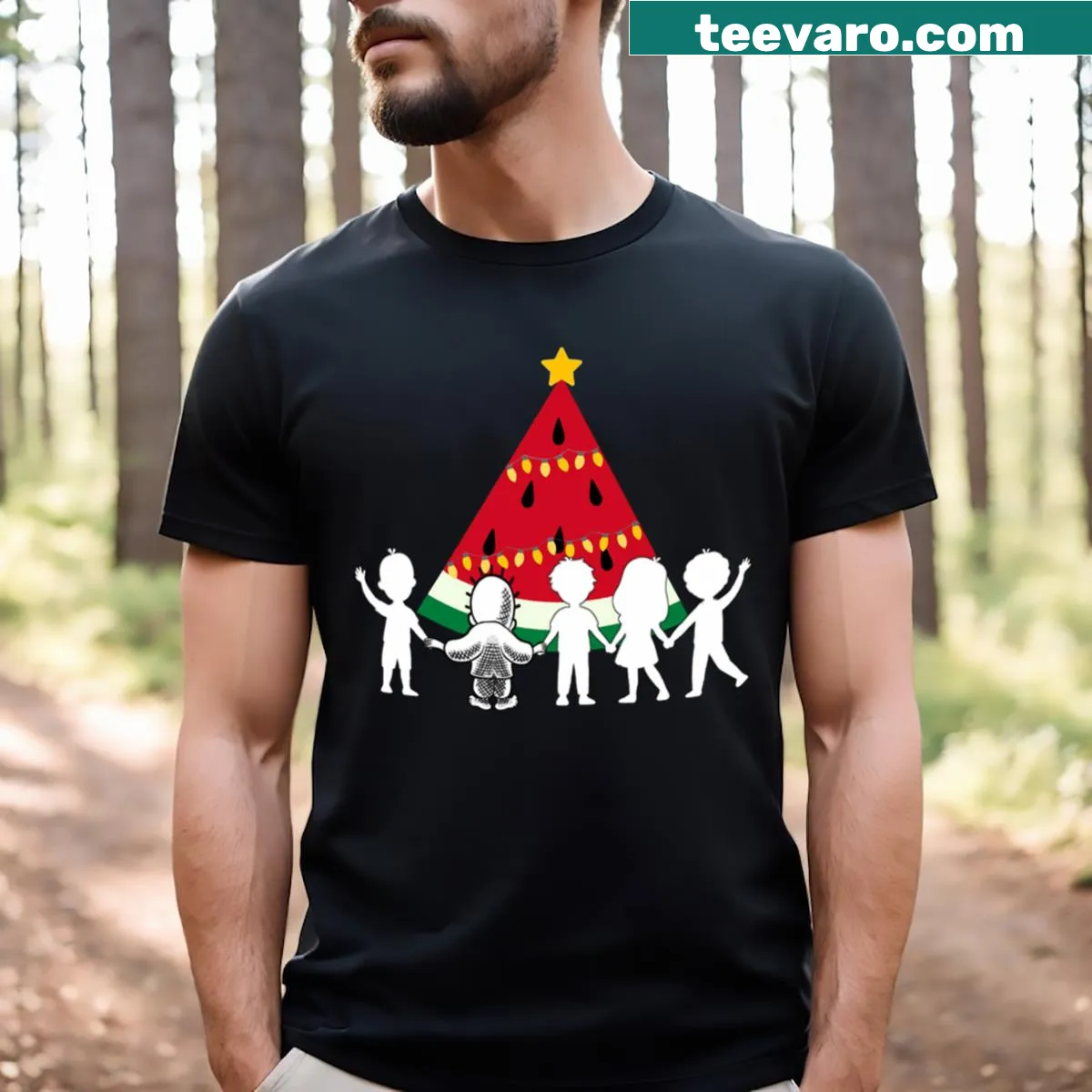 Illustrated watermelon Christmas tree on a festive T-shirt — on a men's t-shirt