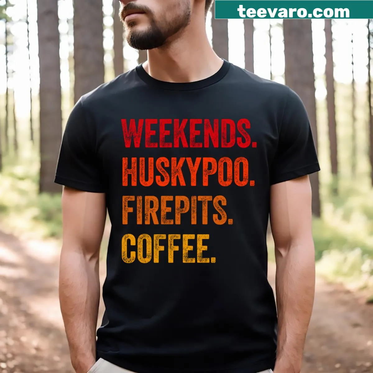 Funny Huskypoo coffee t-shirt featuring a dog and firepits design — on a men's t-shirt