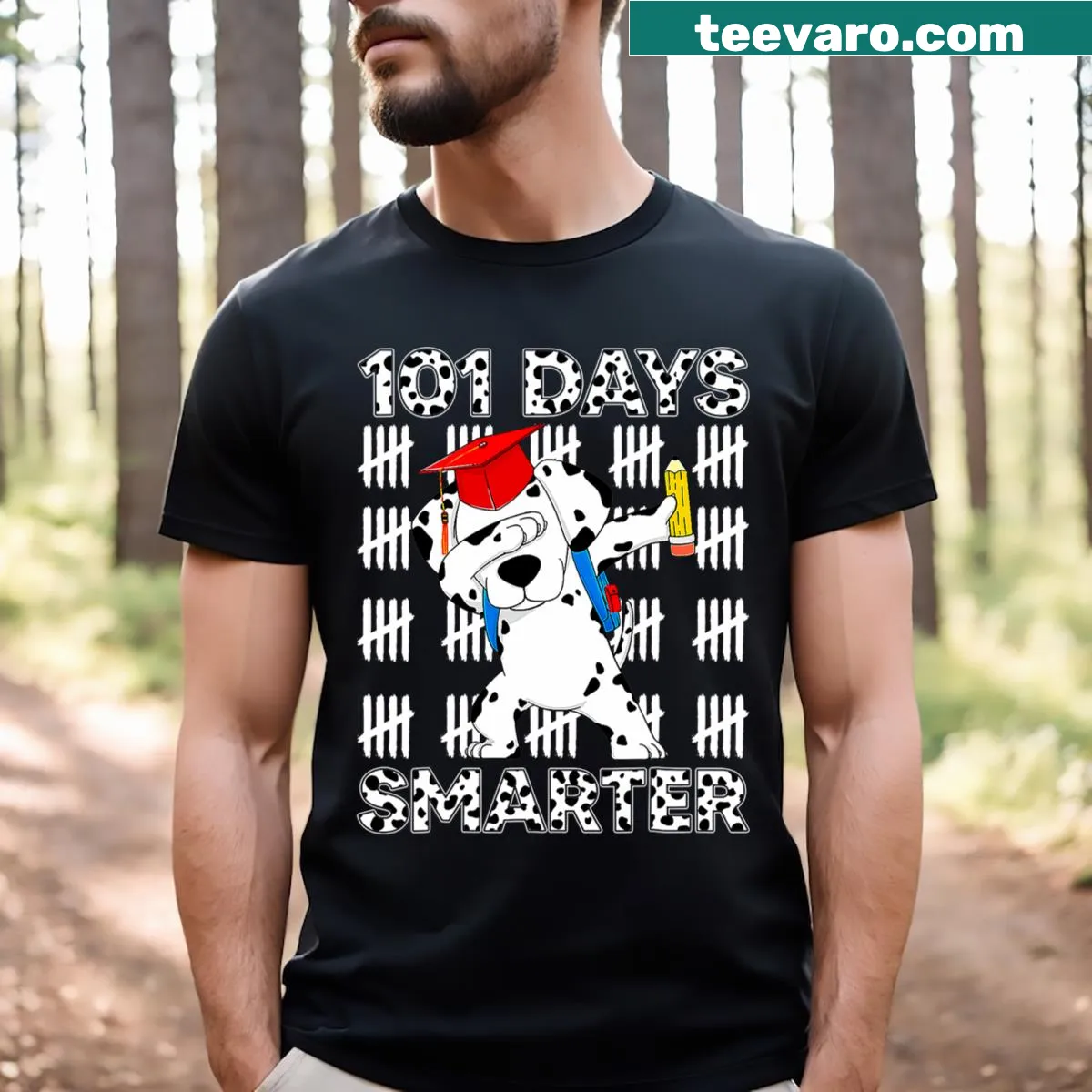 T-shirt celebrating the 100th day of school with a dalmatian dog illustration — on a men's t-shirt