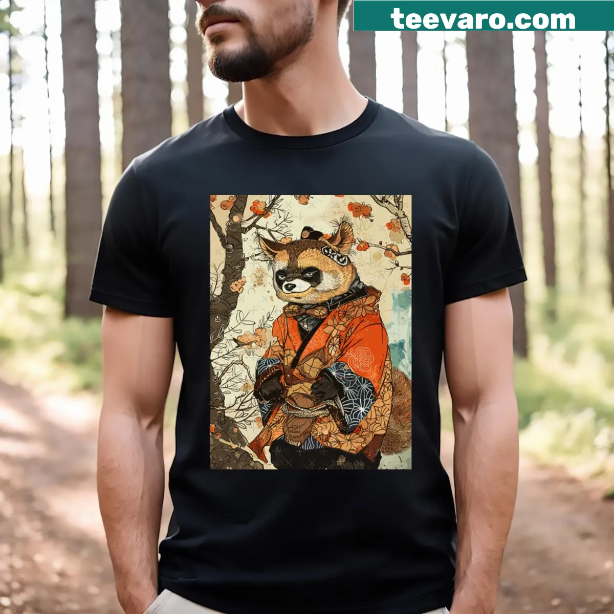 Illustration of a tanuki on a T-shirt reflecting Japanese culture — on a men's t-shirt