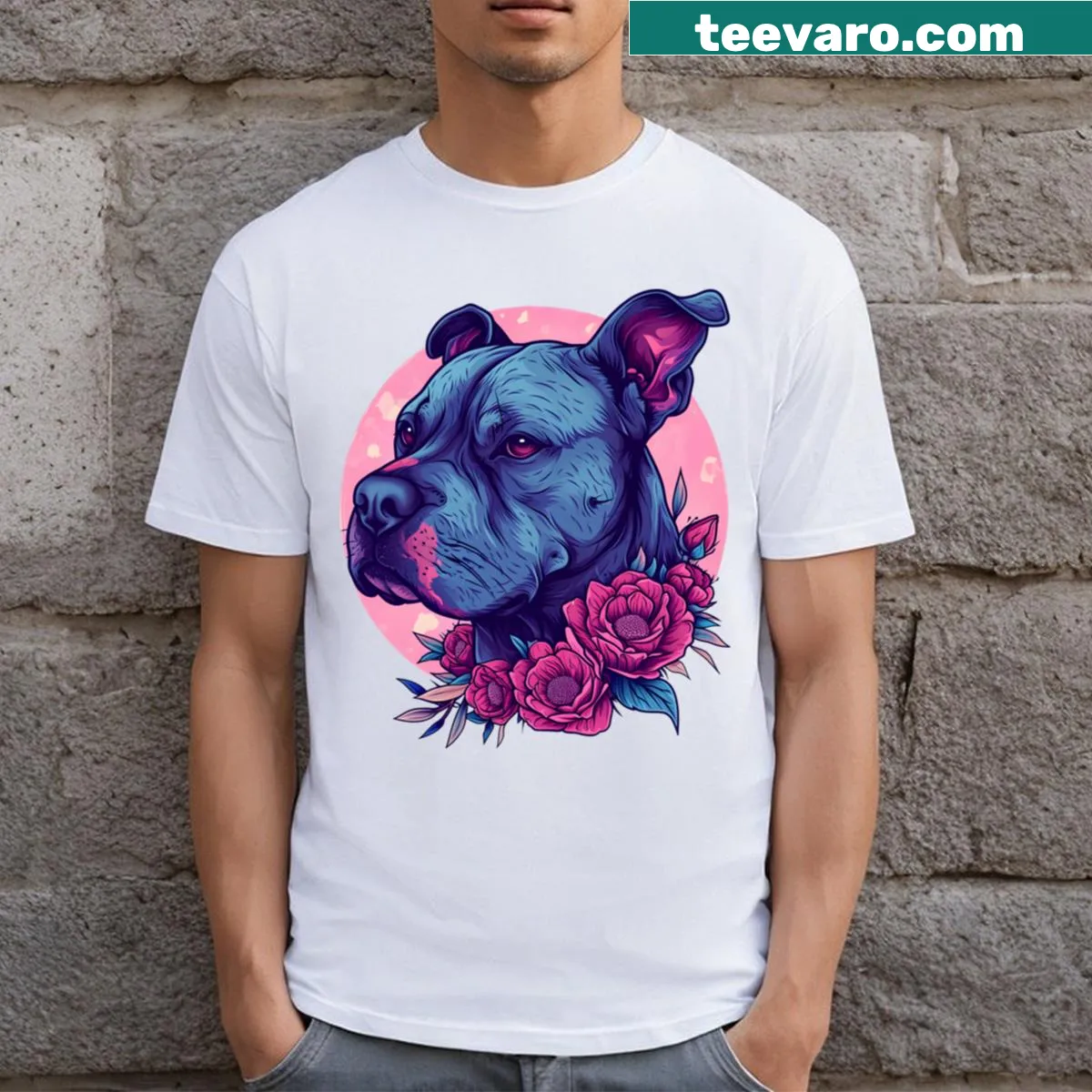 T-shirt featuring an Amstaff surrounded by flowers — on a men's t-shirt
