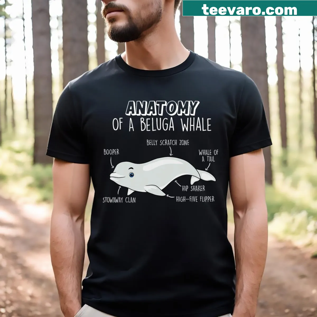 Illustrated T-shirt showcasing the anatomy of a beluga whale — on a men's t-shirt