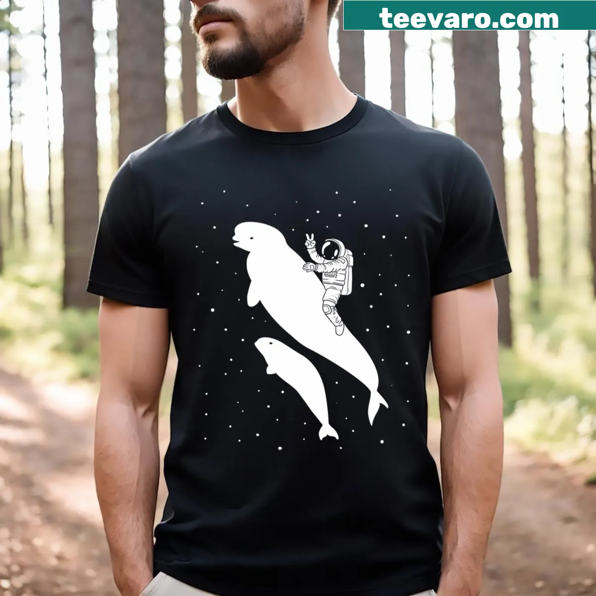Astronaut riding a beluga whale in space illustration on a t-shirt — on a men's t-shirt