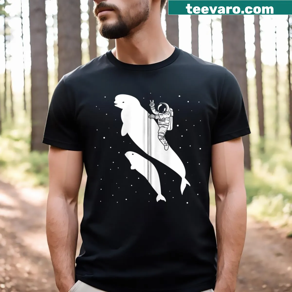 Cartoon T-shirt of an astronaut riding a beluga whale — on a men's t-shirt