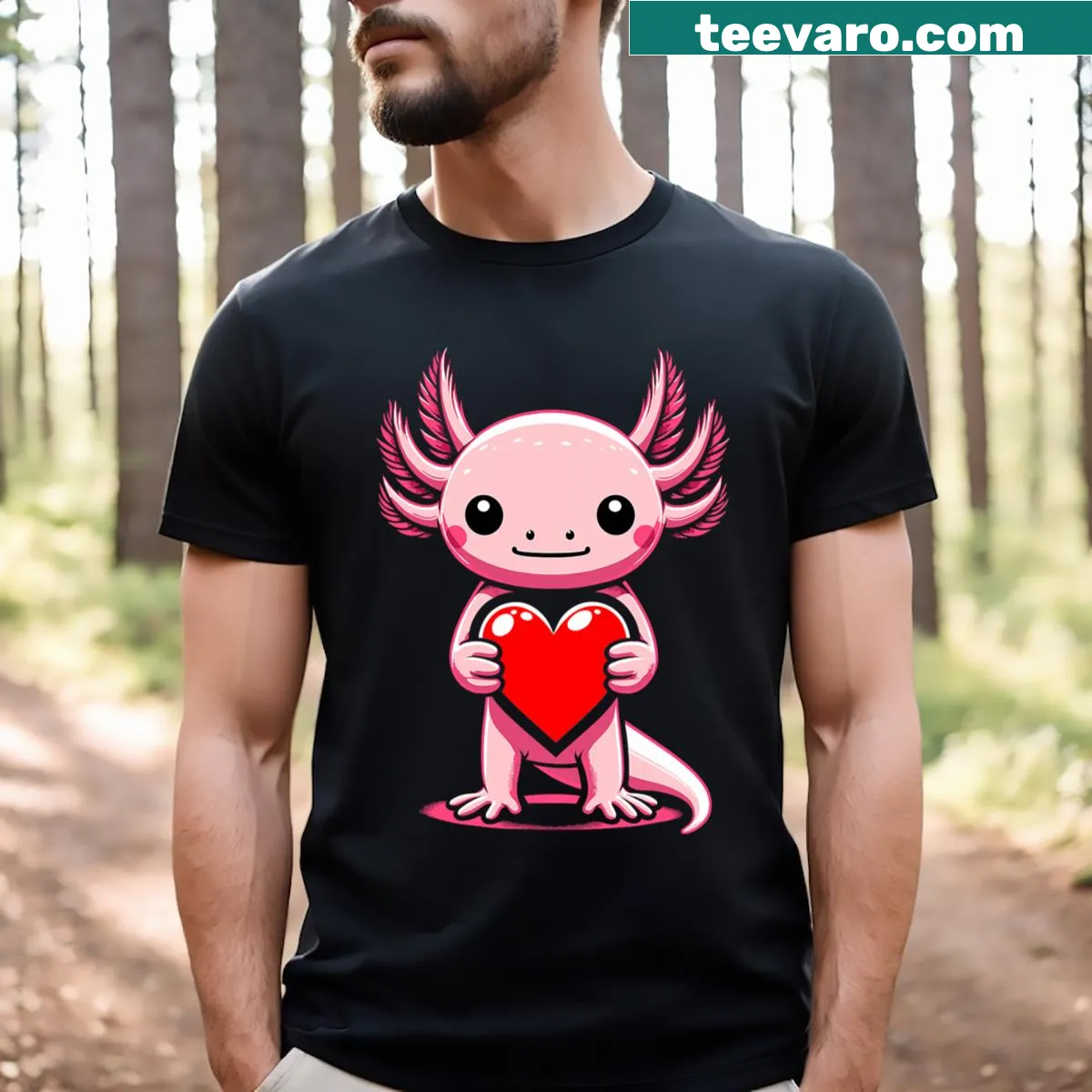 Cute axolotl holding a heart illustration for Valentine's Day t-shirt — on a men's t-shirt