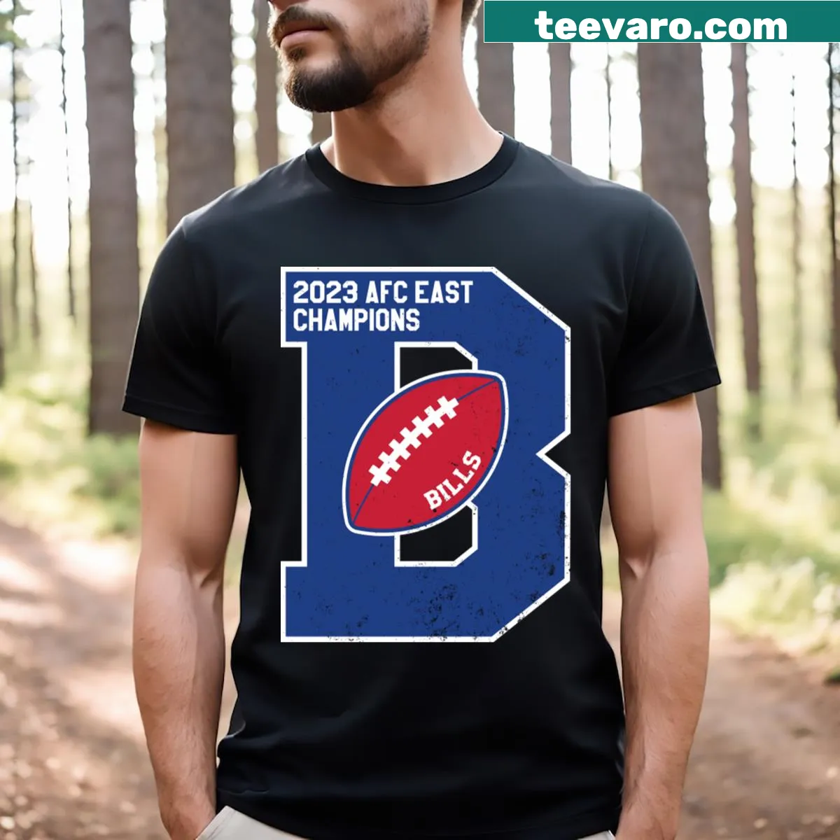 Buffalo Bills 2023 AFC East Champs t-shirt with bold typography — on a men's t-shirt
