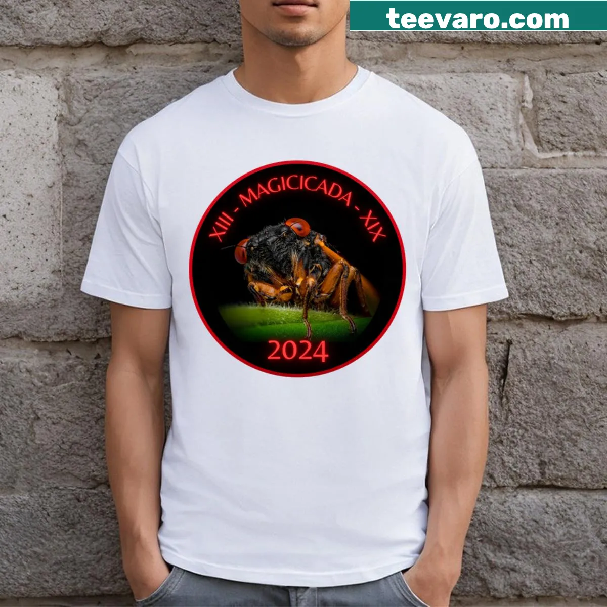 Illustrated t-shirt featuring Brood Xiii and Xix cicadas — on a men's t-shirt
