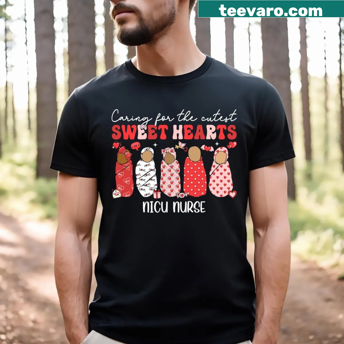 Illustrative t-shirt celebrating NICU nurses with a Valentine's theme — on a men's t-shirt