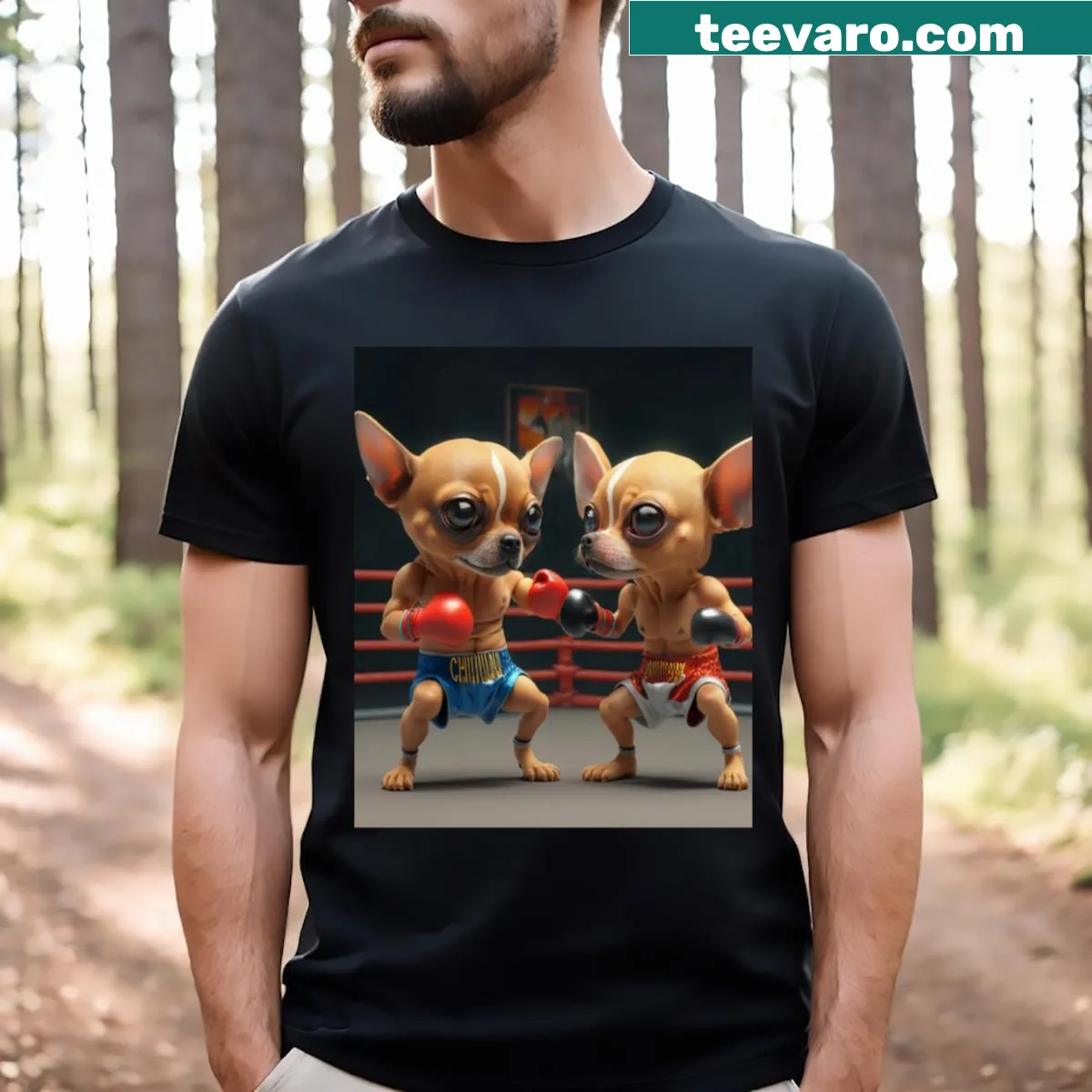Cute t-shirt featuring two chihuahuas boxing in a ring — on a men's t-shirt