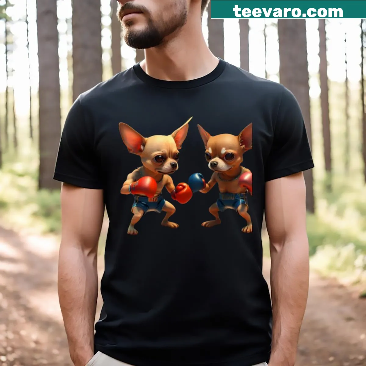 Funny cartoon of two chihuahuas boxing in a ring — on a men's t-shirt