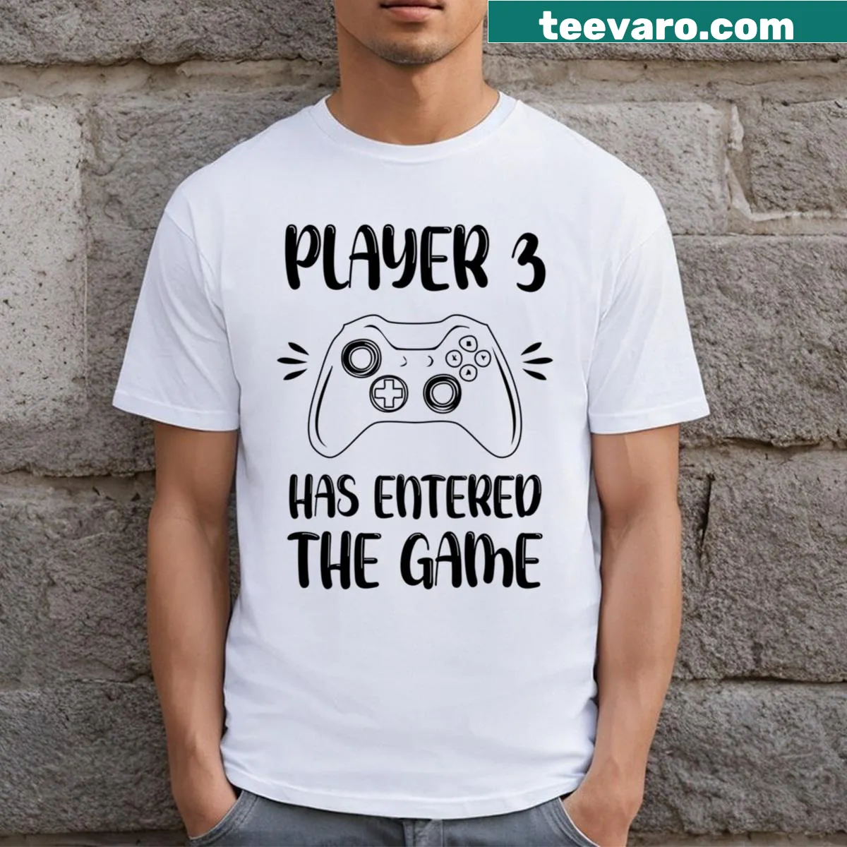 Playful gamer shirt with text about Player 3 entering the game — on a men's t-shirt