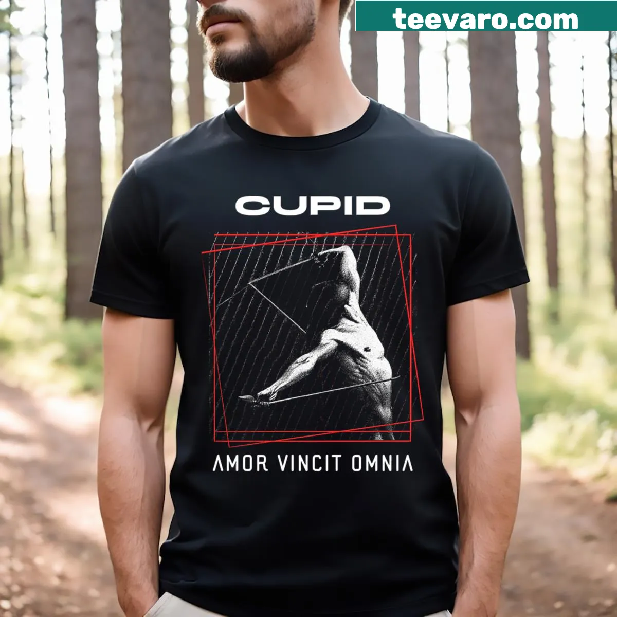 Illustrated T-shirt featuring Cupid and a dream-like motif — on a men's t-shirt