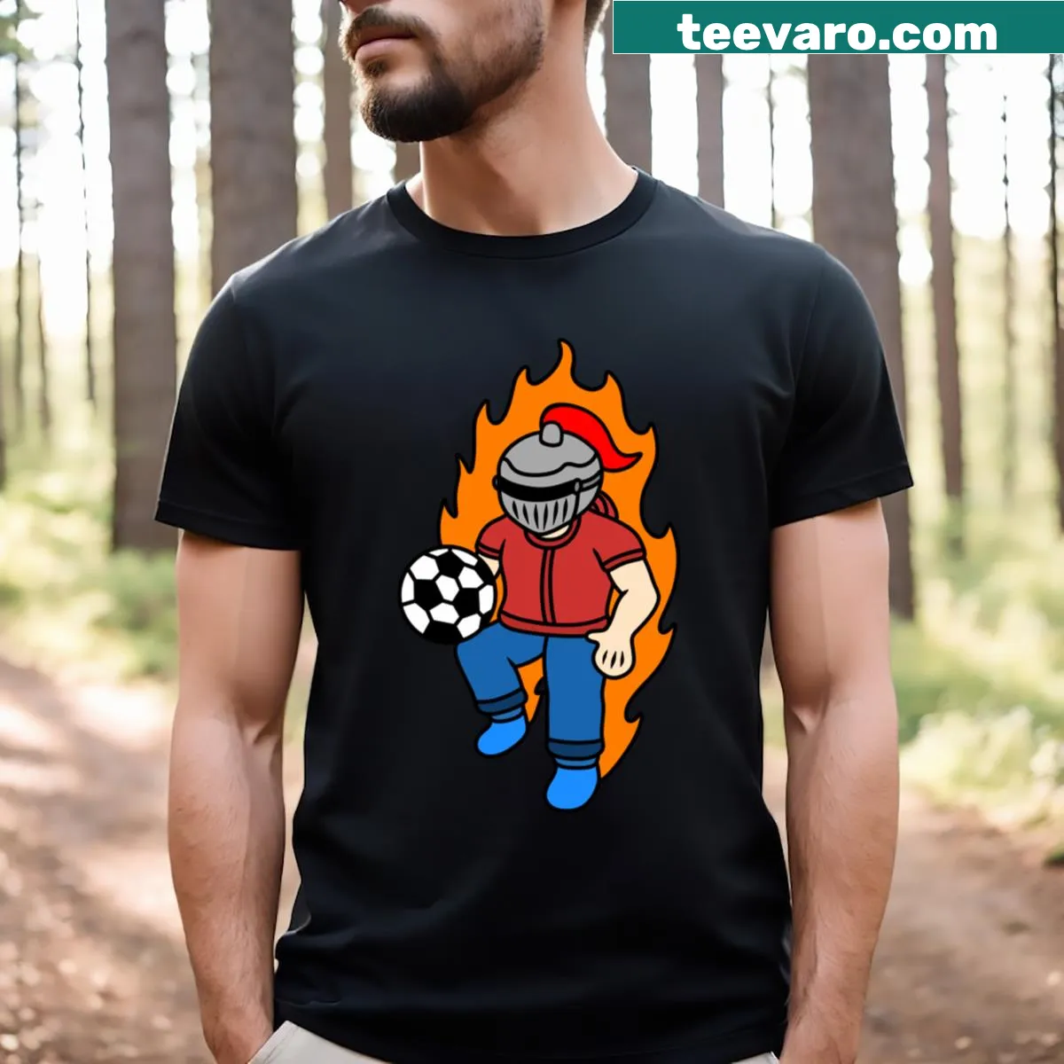 Cartoon knight playing soccer graphic on a T-shirt — on a men's t-shirt