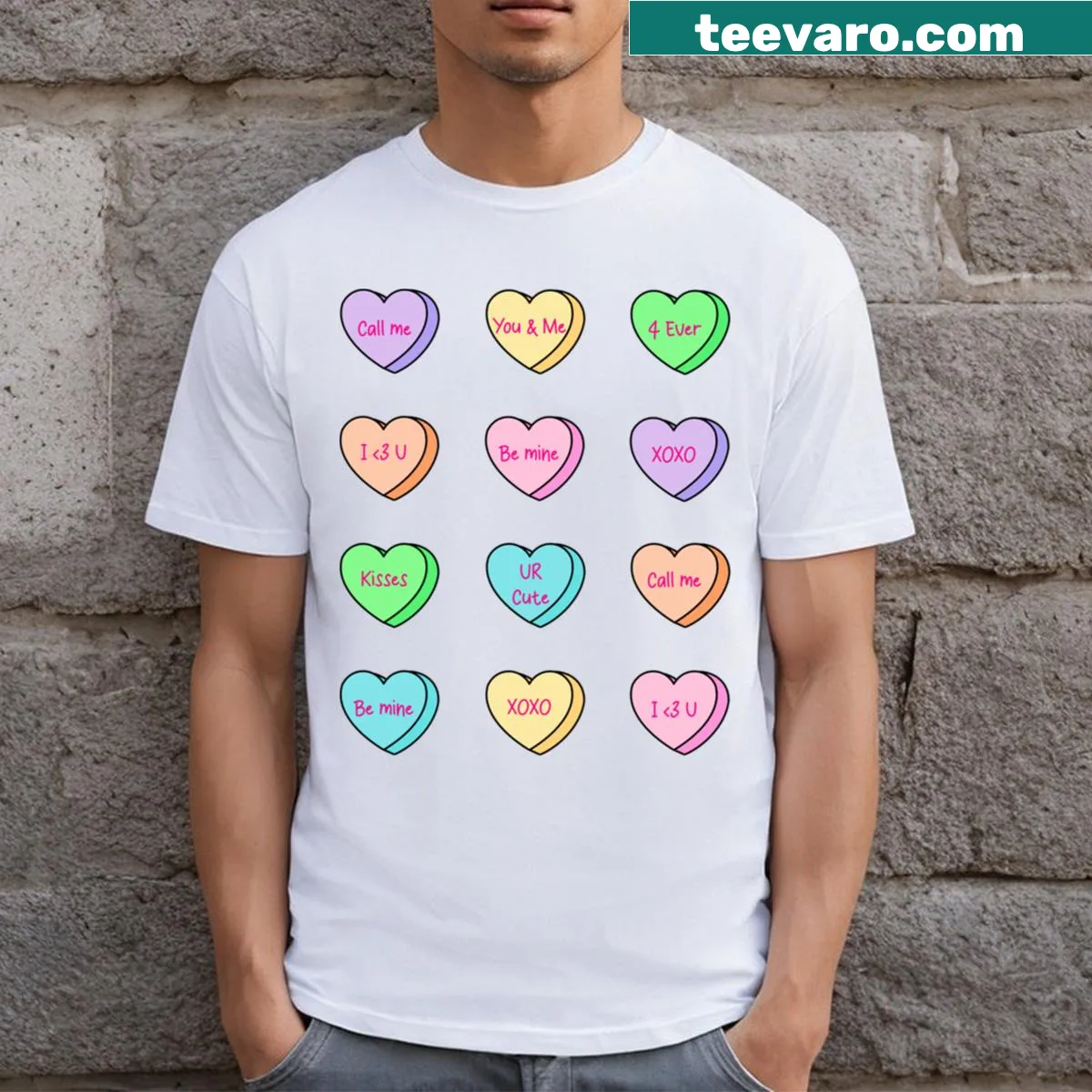 Adorable conversation hearts graphic T-shirt — on a men's t-shirt