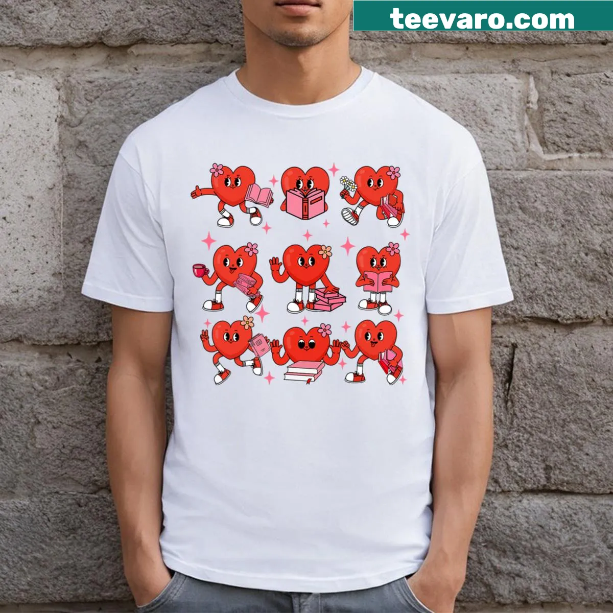 Heart character reading a book on a t-shirt for teachers — on a men's t-shirt