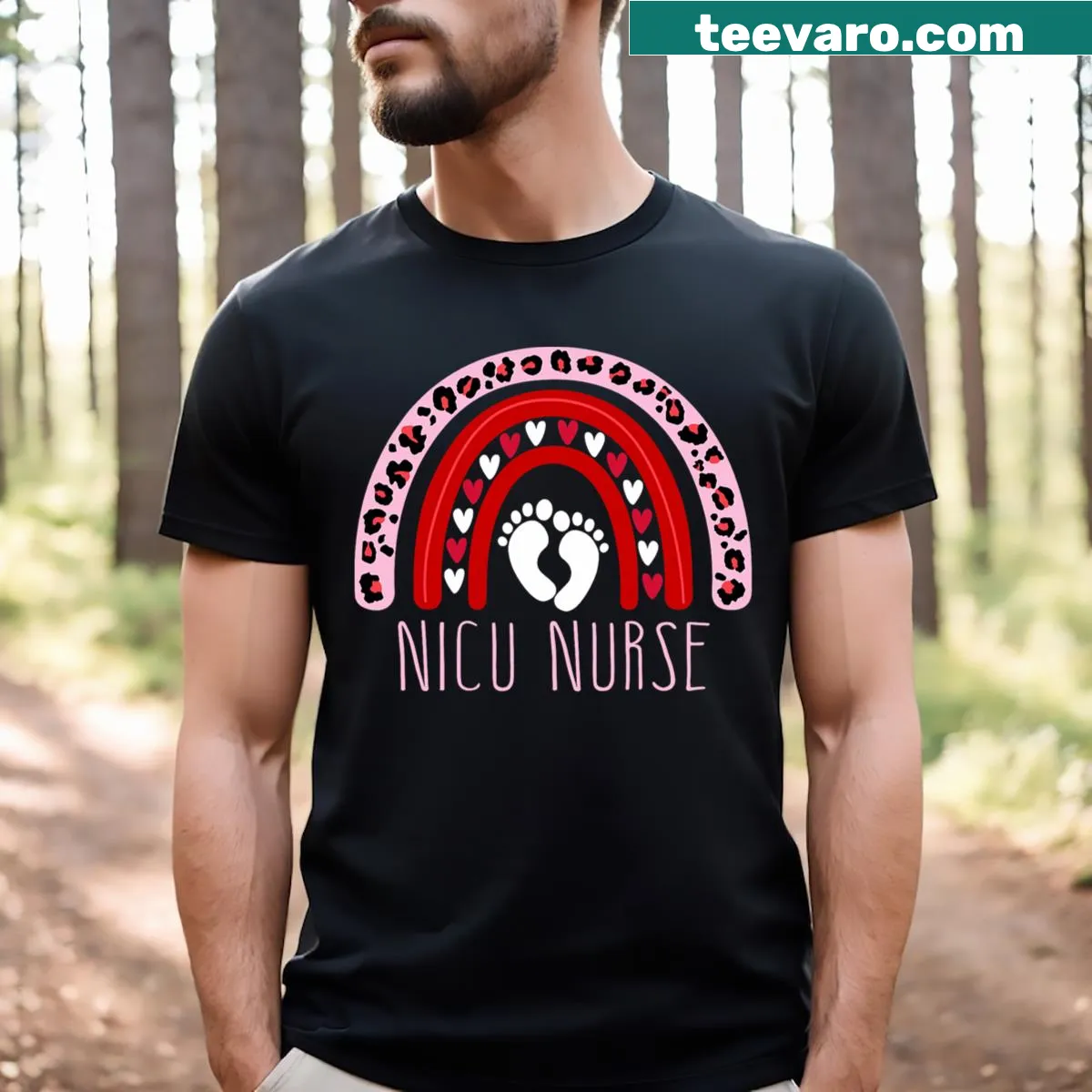 Kawaii boho leopard and rainbow design on a NICU nurse t-shirt — on a men's t-shirt
