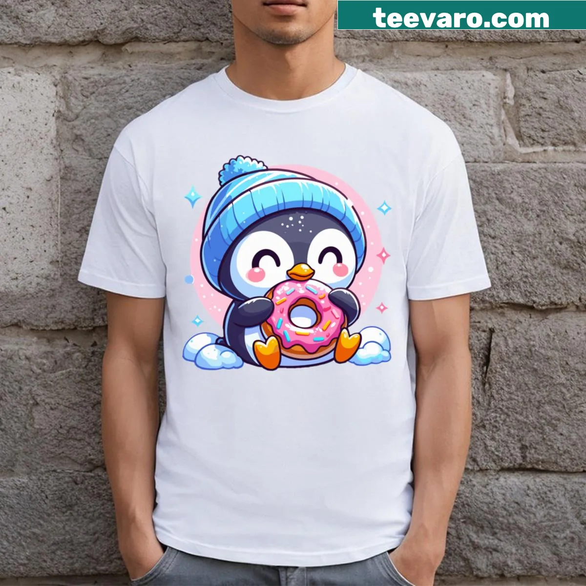 Cute penguin graphic enjoying a donut on T-shirt — on a men's t-shirt