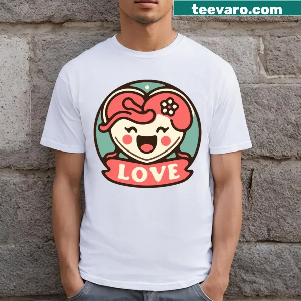 Cheerful smiling heart graphic on a love-themed t-shirt.