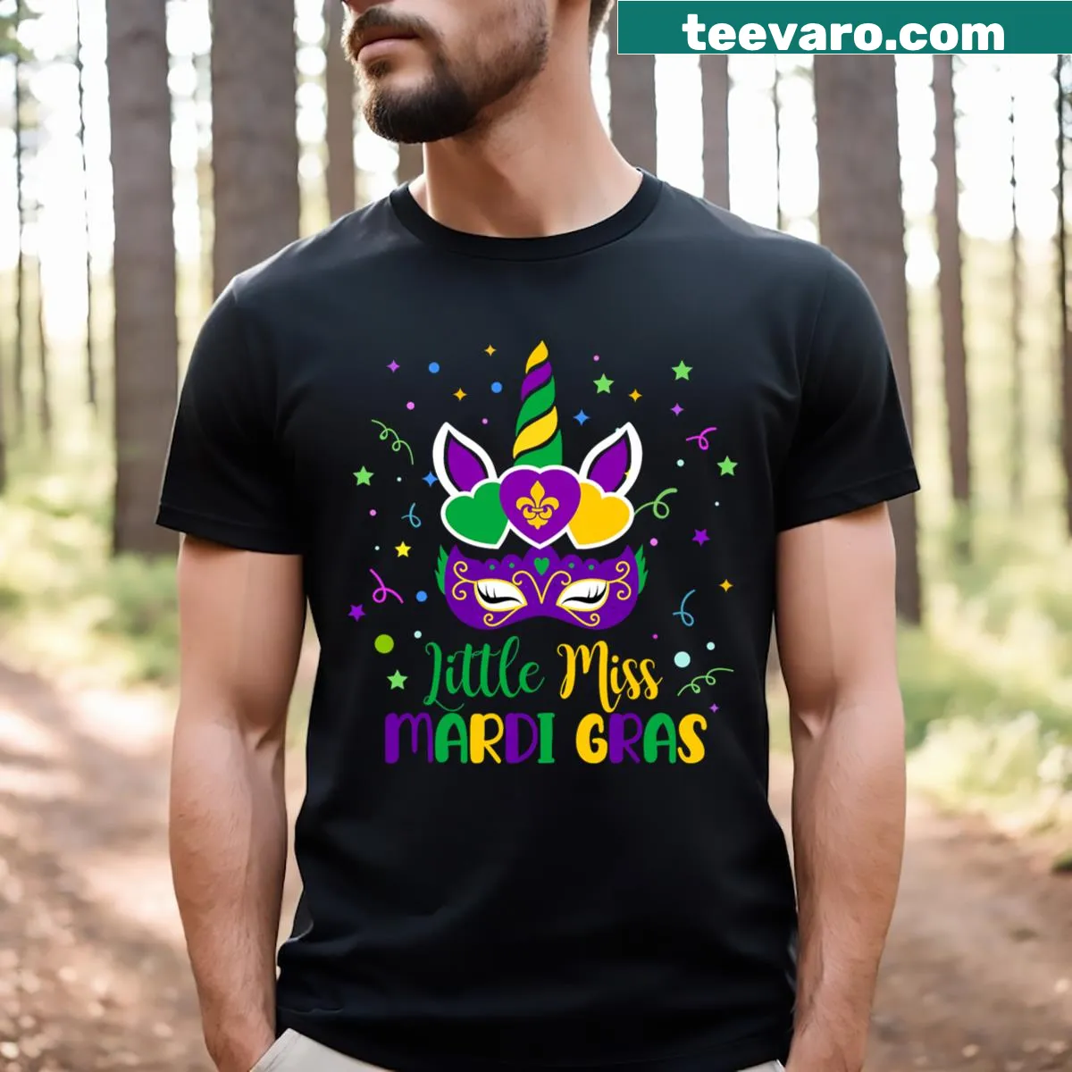 Cute T-shirt with a unicorn face mask for Mardi Gras — on a men's t-shirt