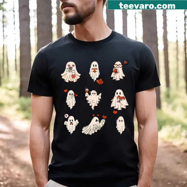 Happy ghost graphic for Valentine's Day on a t-shirt, suitable for all.