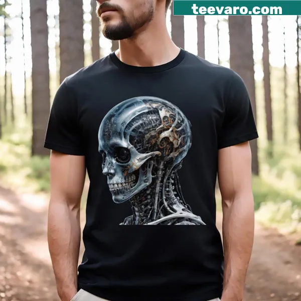 Cyberpunk-style skull graphic t-shirt with urban design elements