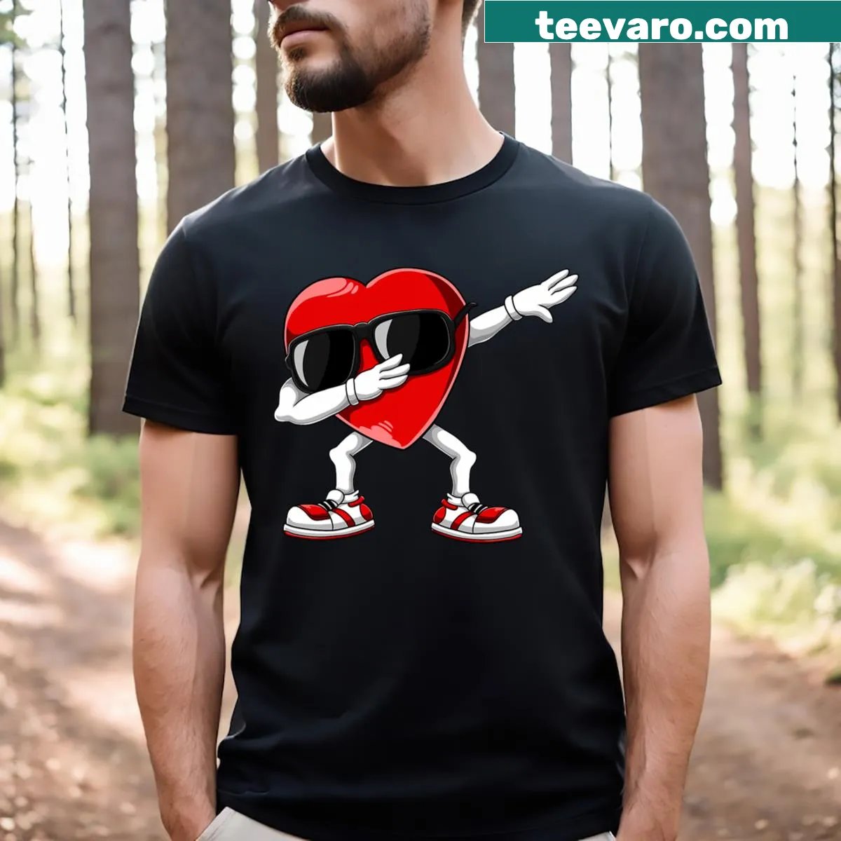 Dabbing heart graphic T-shirt with playful typography design — on a men's t-shirt