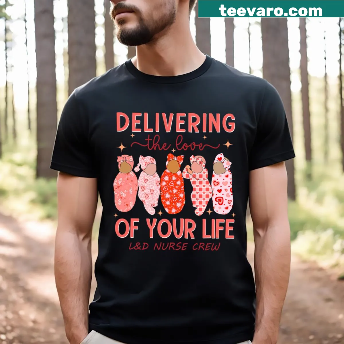 Illustrative T-shirt for L&D nurses celebrating love and care — on a men's t-shirt