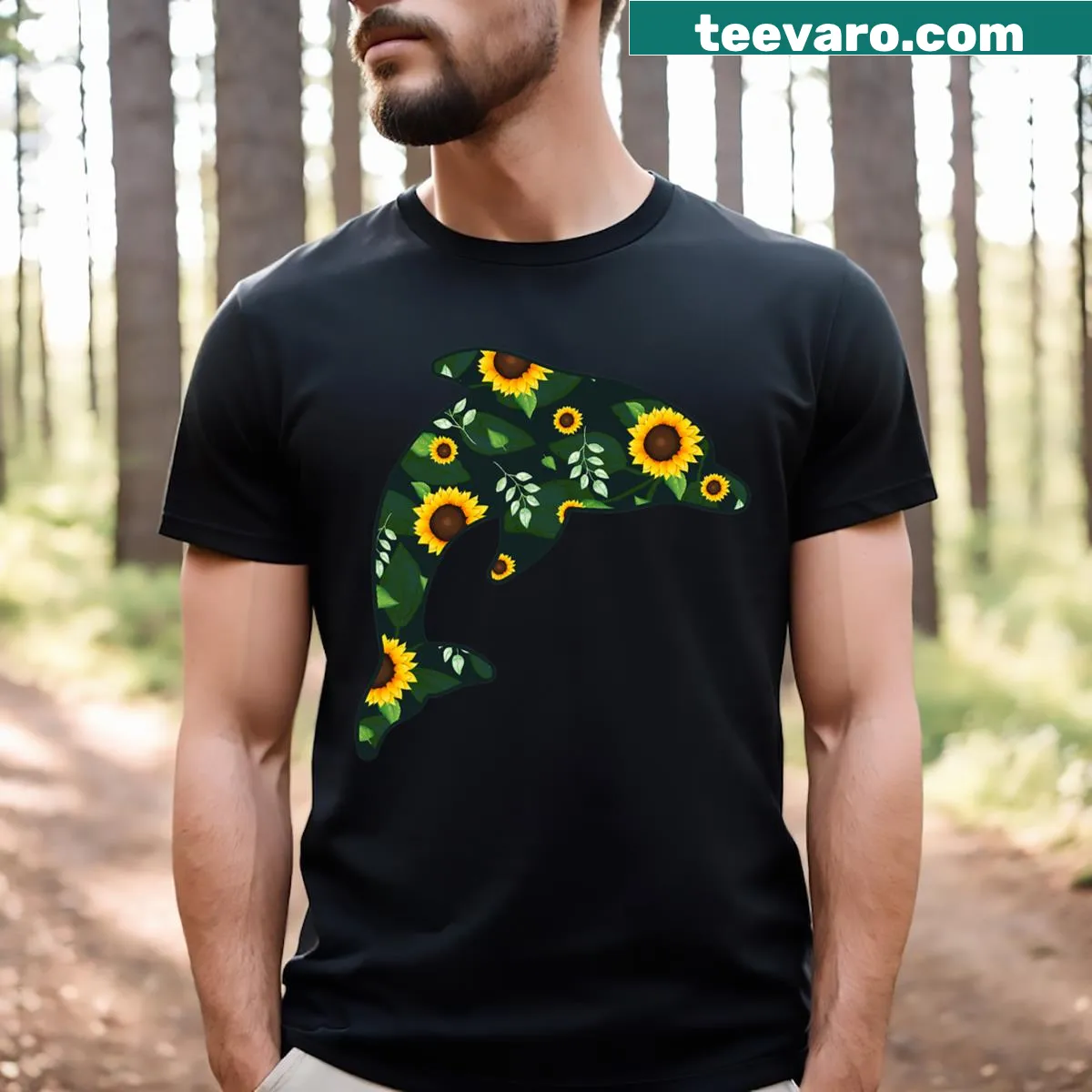 Floral dolphin illustration t-shirt featuring sunflowers and a Hawaiian theme. — on a men's t-shirt