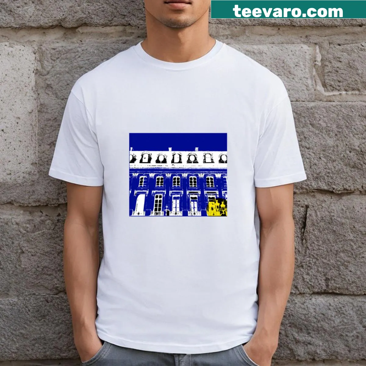 Whimsical electric blue Paris illustration on T-shirt. — on a men's t-shirt