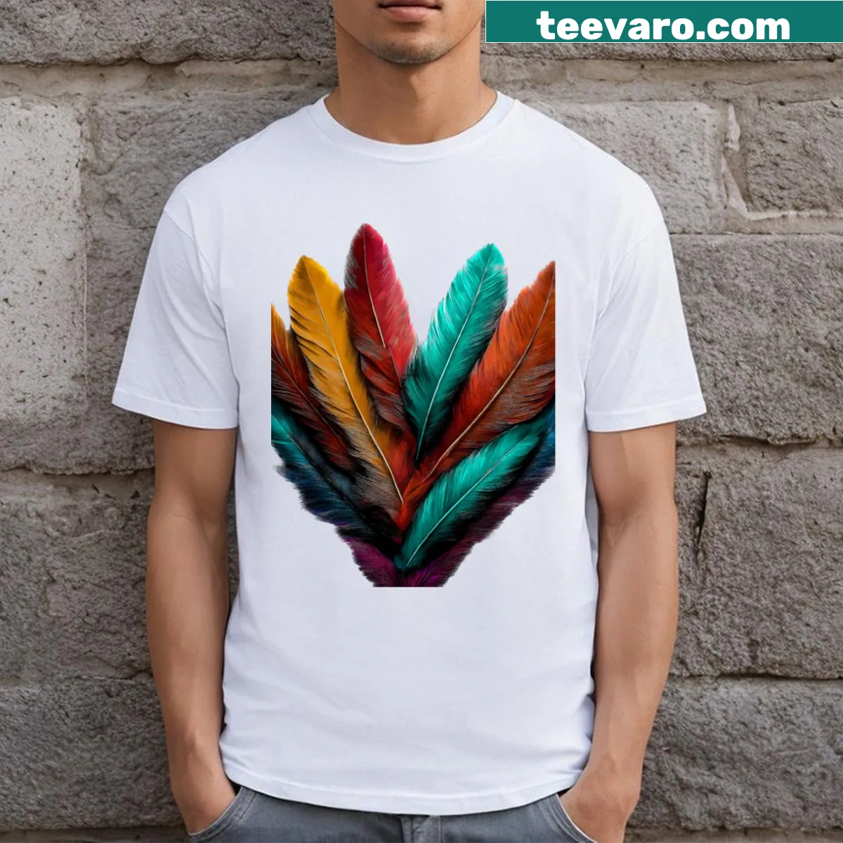 T-shirt featuring an artistic feather design — on a men's t-shirt