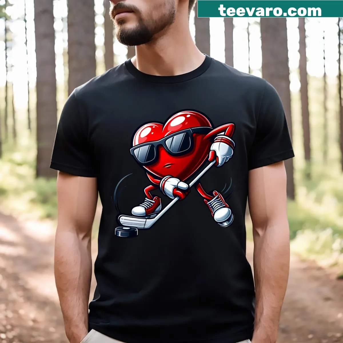 Cute heart playing hockey illustration T-shirt — on a men's t-shirt